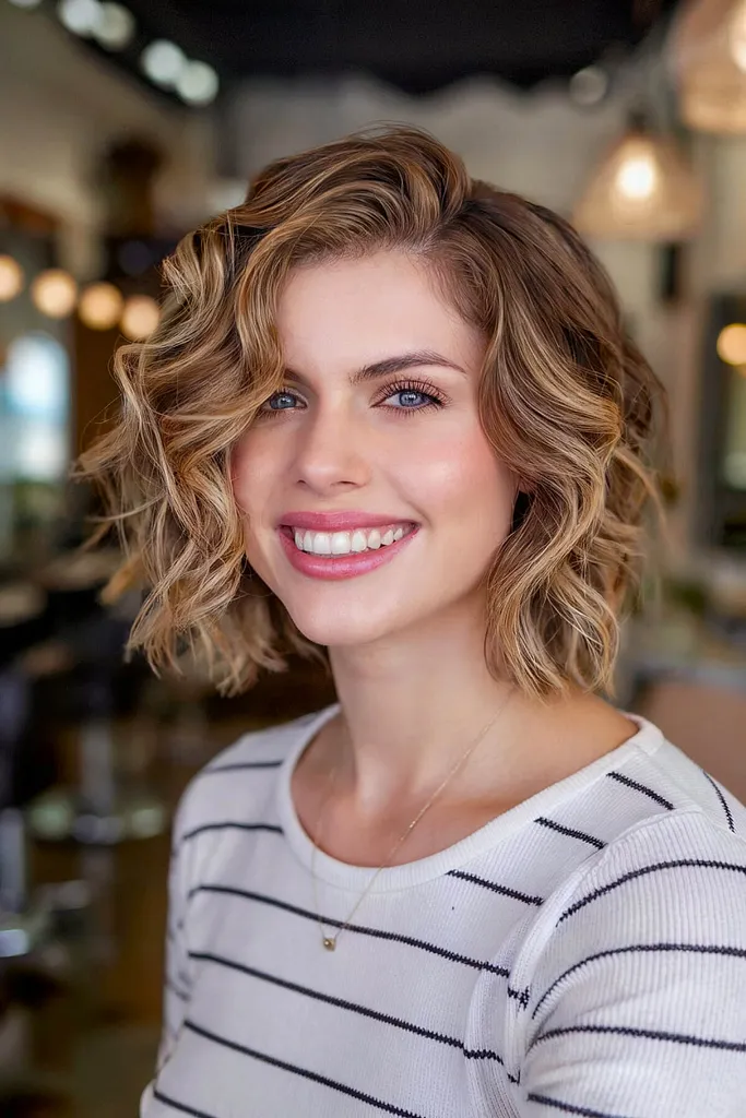 Halslangt bølget krøllet hår med karamel highlights' title=