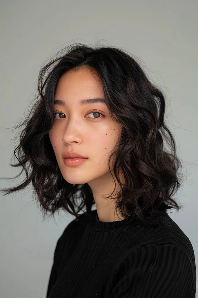 Ripplecut til bølget krøllet hår med lagdelte bølger' title=