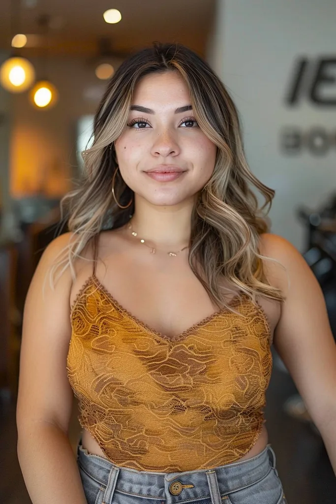 Păr ondulat natural de lungime medie, cu straturi' title=