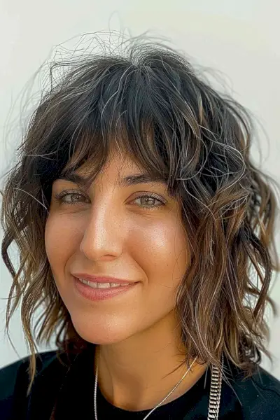 Chin-Length Shag Hairstyle with Piecey Waves and Irregular Fringe