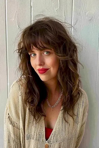 Medium-Length Wavy Shag with Textured Bangs and Rich Brunette Color