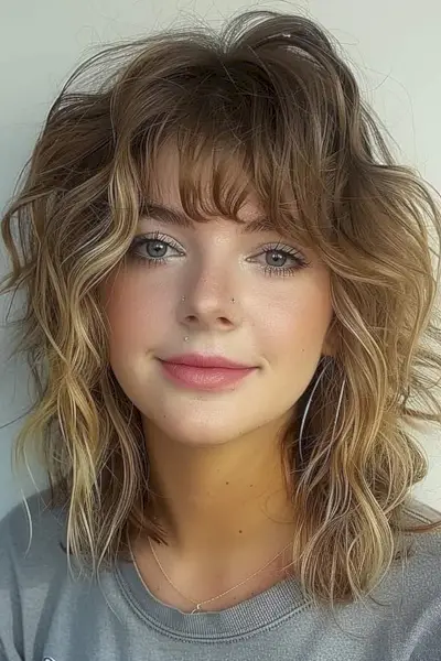 Medium Wavy Shag Haircut with Full Bangs and Balayage Highlights