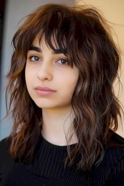 Mid-Length Tousled Wavy Shag with Uneven Full Bangs