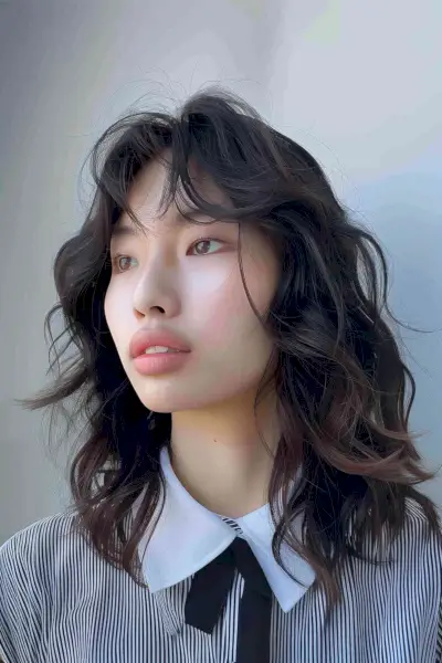 Shoulder-Length Shag Haircut with Side-Parted Fringe and Balayage