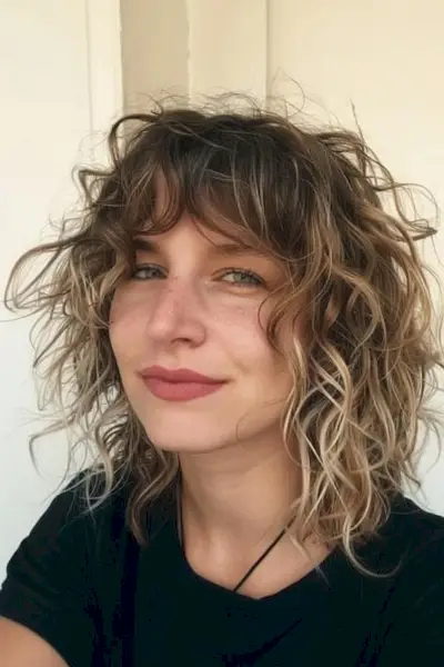Wavy Medium-Length Shag Haircut with Natural Dual-Tone Color and Blended Fringe