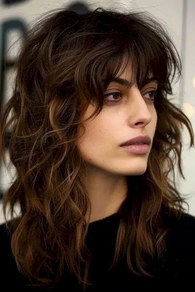Mid-Length Brunette Shag Hairstyle with Feathered Fringe and Waves