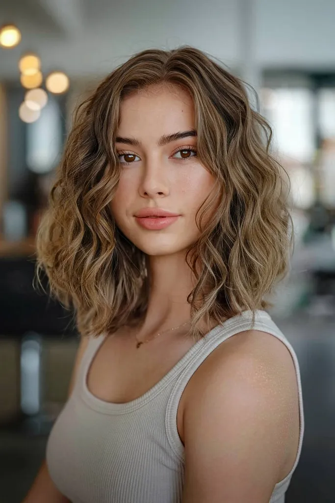 Capelli ondulati naturalmente ricci con riga centrale' title=