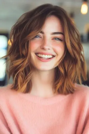 תסרוקת גלי מסגור פנים באורך בינוני.