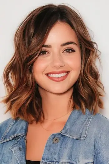 שכבות מפותלות עם פוני תסרוקת באורך בינוני.