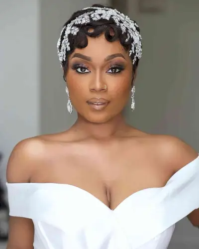 Elegant Short Curls with a Beautiful Head Piece for a Wedding