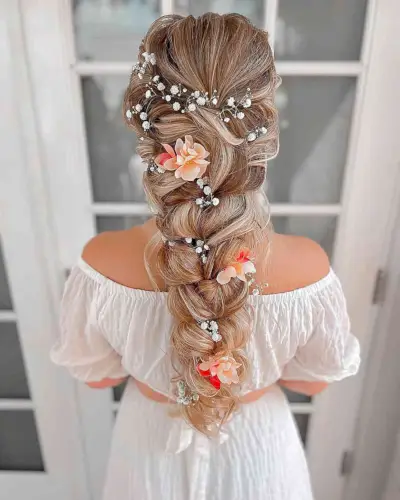 Stunning Braided Long Hair with Flowers for Weddings