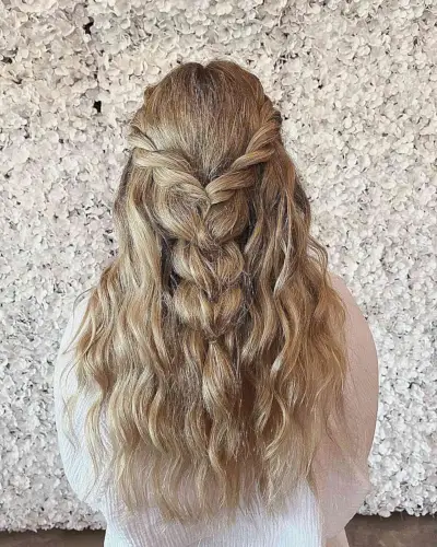 Long Loose Braided Half-Up with Beach Waves for Wedding Attendees