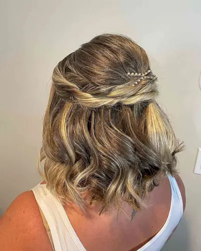 Short Wavy Bob with Double Twist Half Updo for Wedding Guests