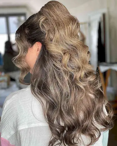 Double Flip Half-Up Ponytail for Wedding Guests with Mid Back-Length hair