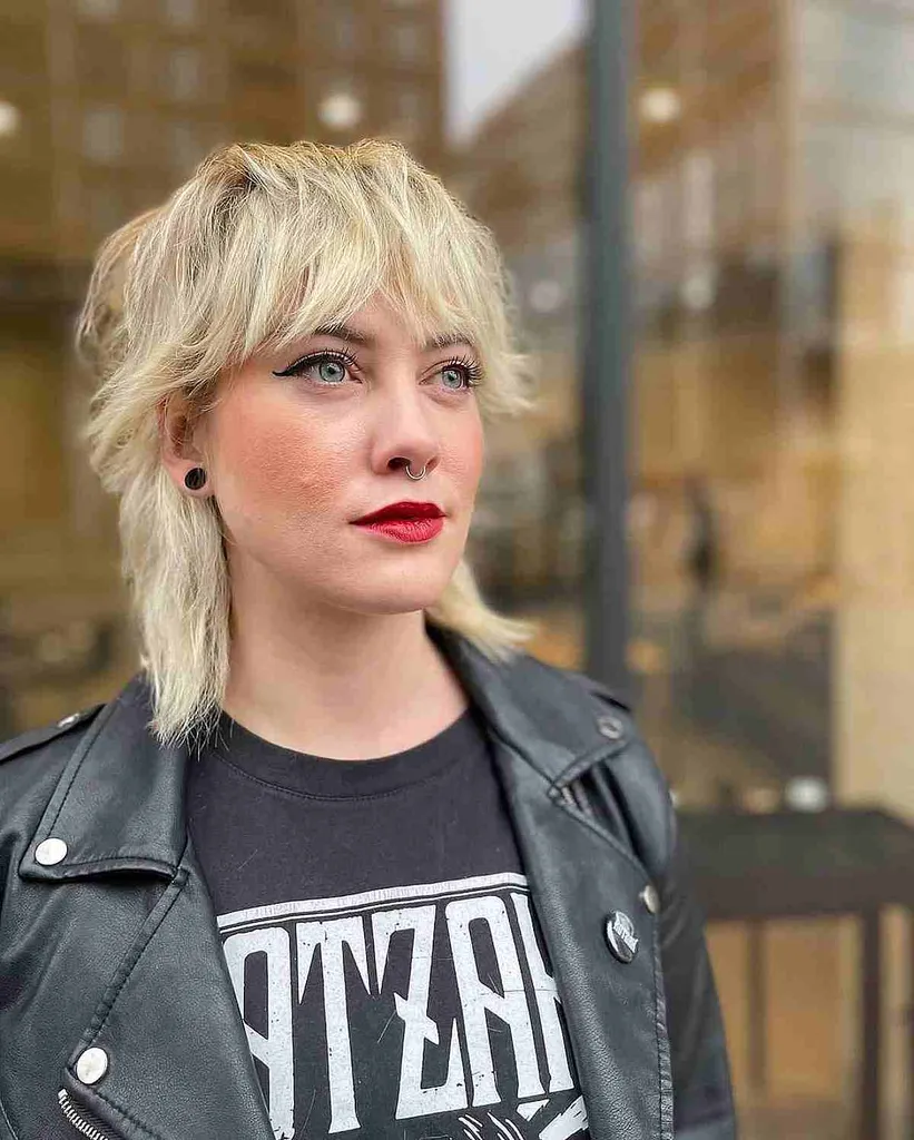 チョッピーレイヤーと前髪のある肩までの長さのウルフカット' title=