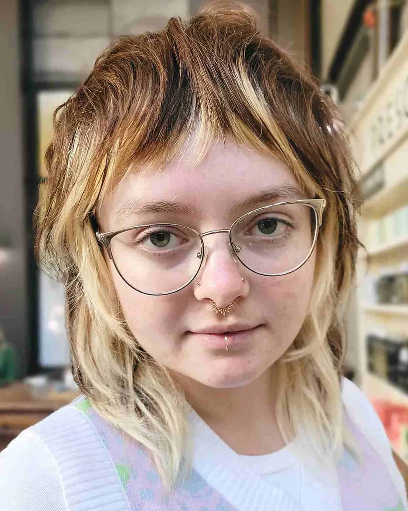 チョッピー前髪のあるツートンカラーのショートウルフヘア' title=