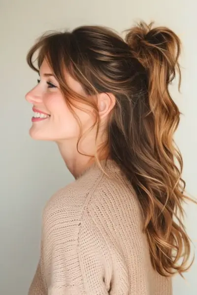 長い茶色の髪とハーフ ポニーテールの 40 代の美しい女性。