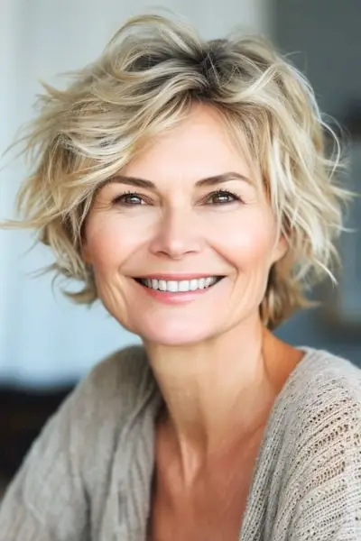 40代の笑顔の女性に短い毛むくじゃらのブロンドのヘアカット。