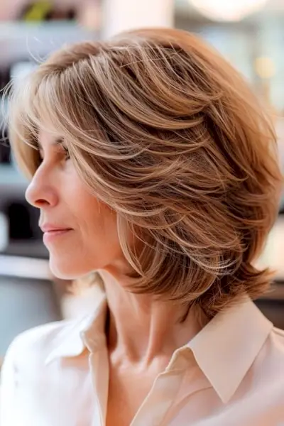 40代の女性の美しい羽のあるボブ、側面図。