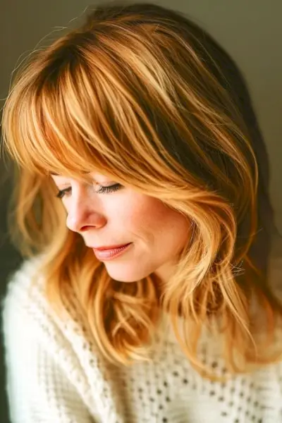 40歳以上の女性のサイドに流した前髪のあるレイヤードヘアスタイル。