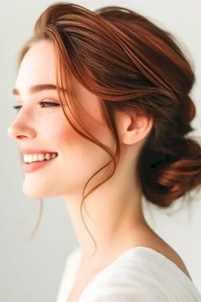 低いシニヨンパンと赤い髪の 40 歳以上の笑顔の女性。