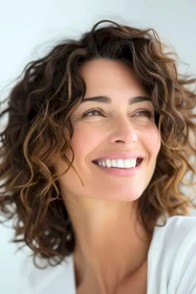 40代女性のショート巻き髪にモダンなパーマ。