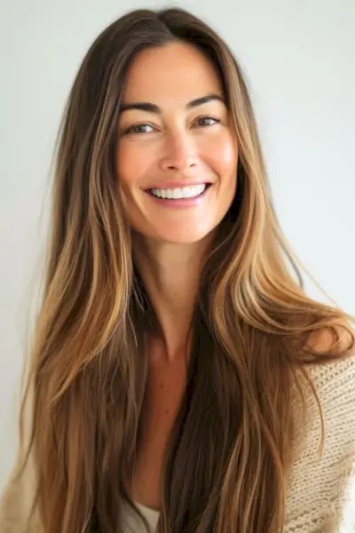 40 歳以上の美しい笑顔の女性の長くまっすぐで滑らかな茶色の髪。