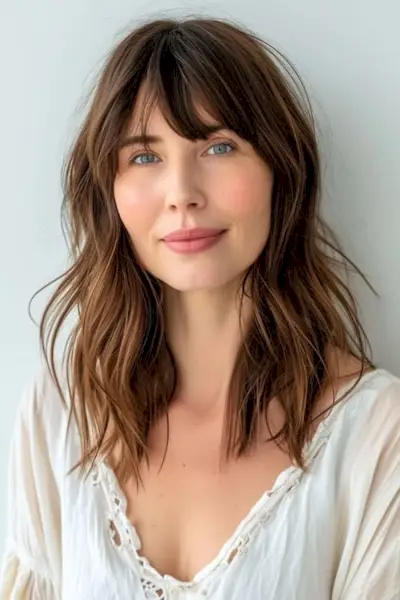 40代女性のフリンジ前髪のあるミディアムシャグ。