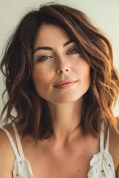 茶色の肩までの長さの髪を持つ美しい 45 歳の女性のテクスチャー ウォブ ヘアスタイル。