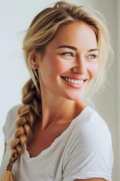 ブロンドの髪を持つ美しい笑顔の 40 歳の女性のサイド三つ編み。