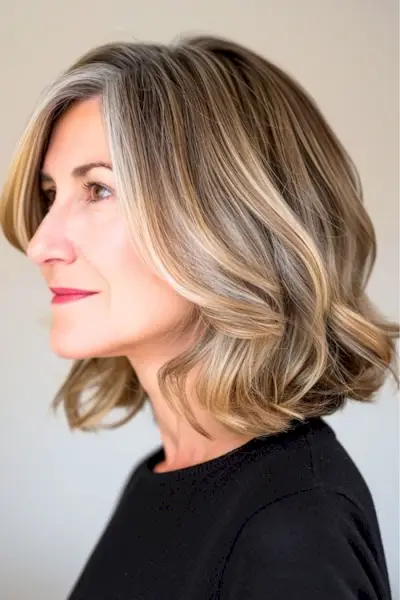 バレイヤージュ ロブのヘアスタイル、側面図、40 代の女性。