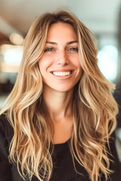 40代の笑顔の女性に、日焼けしたテクスチャーのあるビーチの波。