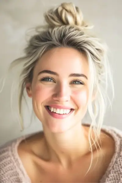 40代の笑顔の女性の乱雑なちょんまげ。