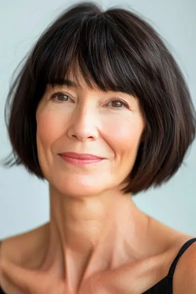 나이든 여성을 위한 앞머리 헤어스타일이 있는 둥근 밥.