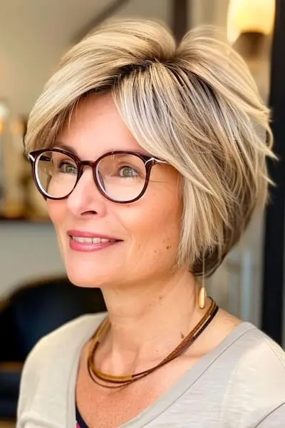 나이든 여성을 위한 픽시 밥 헤어스타일.