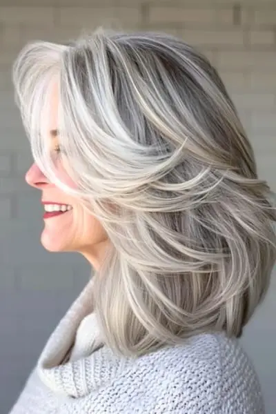 나이든 여성을 위한 깃털 레이어 헤어스타일.