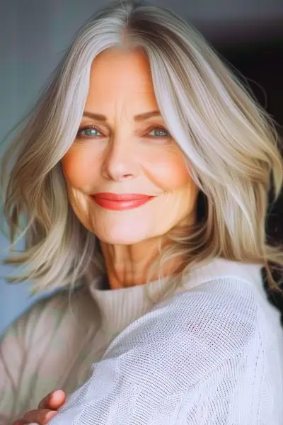 나이든 여성을 위한 미디엄 레이어드 컷 헤어스타일.