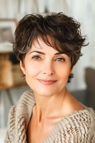 나이든 여성을 위한 질감 있는 탑 헤어스타일의 픽시.