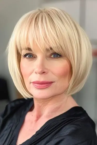 나이든 여성을 위한 앞머리 헤어스타일이 있는 둥근 밥.