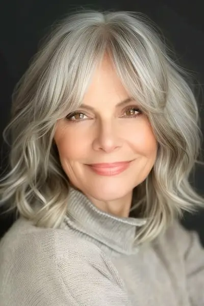 나이든 여성을 위한 커튼 앞머리 헤어스타일의 미디엄 레이어드 컷.