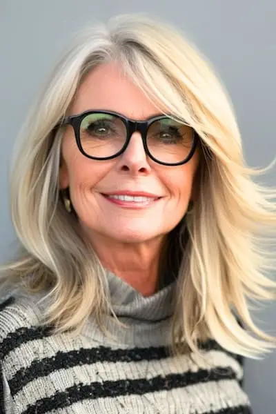 나이든 여성을 위한 옆머리 앞머리 헤어스타일의 깃털 레이어.