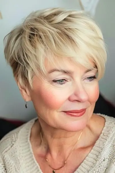 나이든 여성을 위한 질감 있는 픽시 헤어스타일.