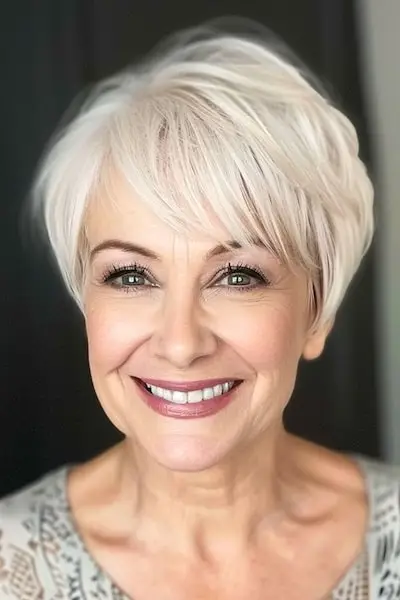 나이든 여성을 위한 깃털 달린 픽시 헤어스타일.