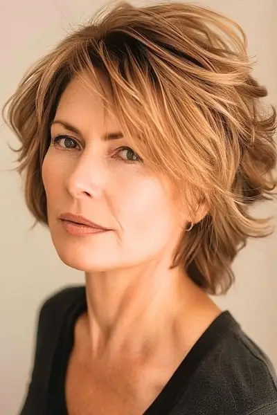 나이든 여성을 위한 질감 있는 레이어드 짧은 컷 헤어스타일.
