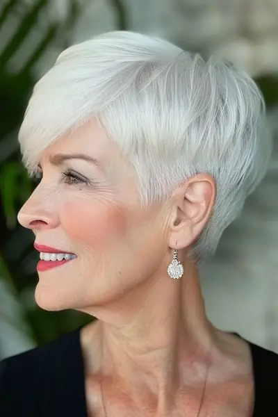 나이든 여성을 위한 비대칭 픽시컷 헤어스타일.