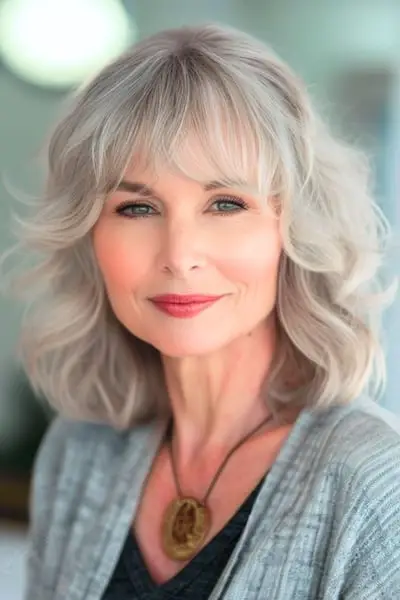 나이든 여성을 위한 물결 모양의 레이어 헤어스타일.