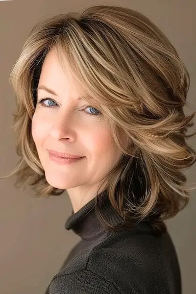 나이든 여성을 위한 깃털 레이어드 헤어스타일의 중간 길이 컷.