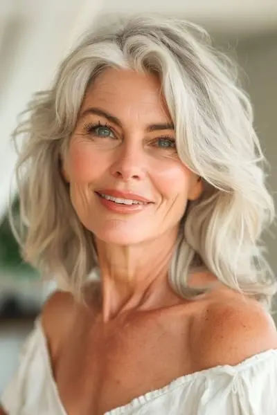 나이든 여성을 위한 어깨 길이의 웨이브 헤어스타일을 헝클어뜨렸습니다.