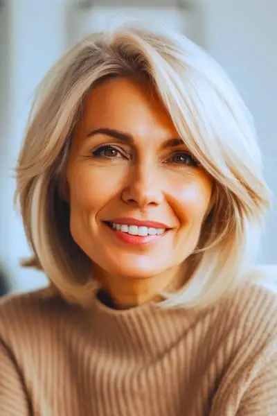 나이든 여성을 위한 금발 밥 헤어스타일.