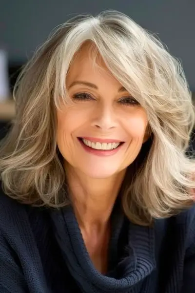 나이든 여성을 위한 묶은 깃털 레이어 헤어스타일.